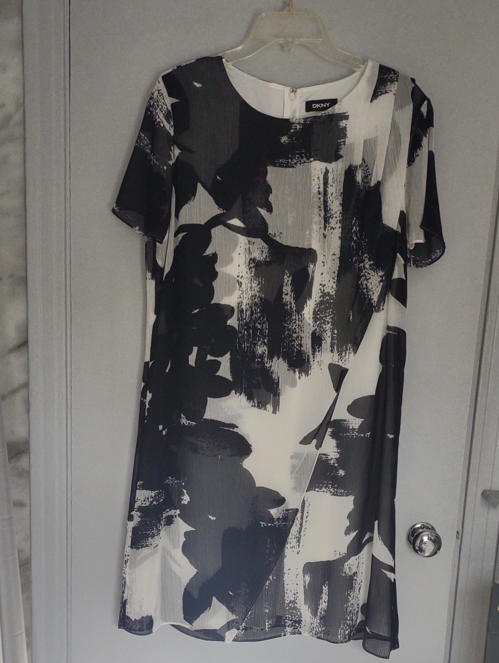 DKNY Black and White Asymmetrical Brushstroke Shift Dress